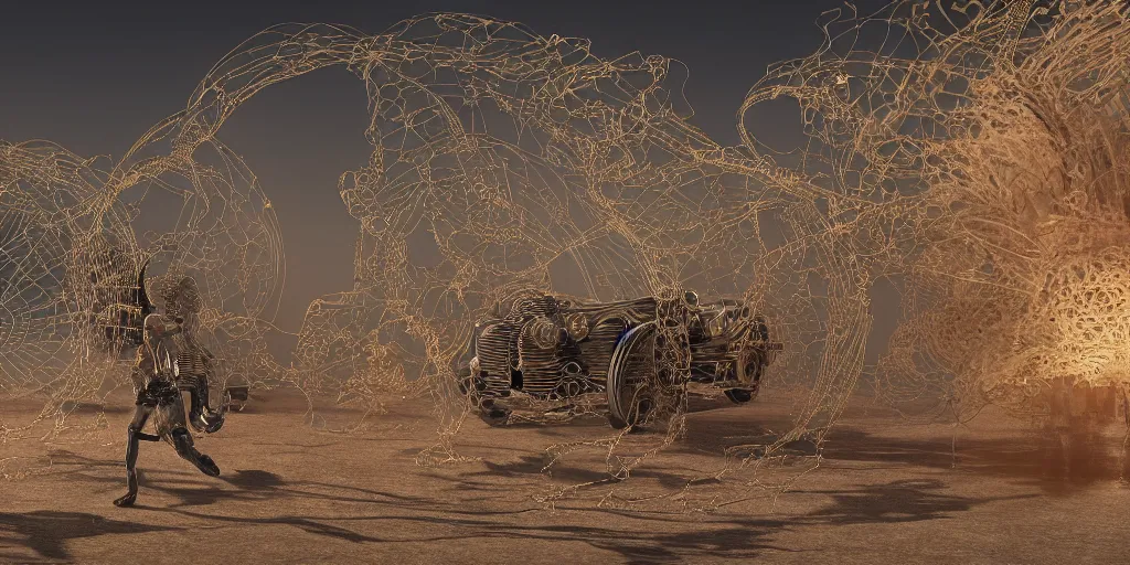 Image similar to A George Miller film, an ornate real character made out of intricate metallic filament webs and Endocrine system built out of dust and light, floating in the desert night, hyper-realism, very detailed feel, rendered in Octane, tiny points of light, caustic, 4k, beautiful lighting