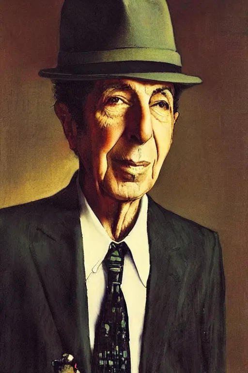 Image similar to “portrait of Leonard Cohen, impeccably dressed, wearing trilby hat, by norman Rockwell”