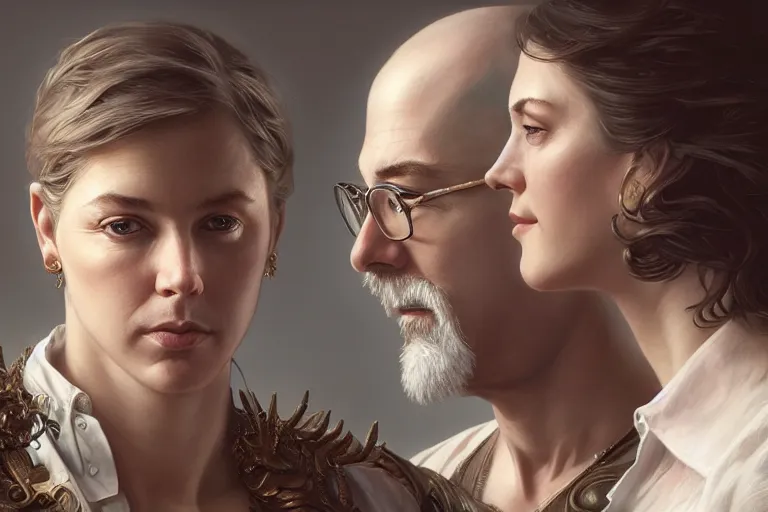 Prompt: portrait painting of scott galloway and kara swisher, ultra realistic, concept art, intricate details, serious, highly detailed, photorealistic, octane render, 8 k, unreal engine. art by artgerm and greg rutkowski and alphonse mucha