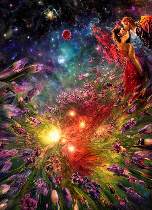 Image similar to An epic fantastic realism comic book style painting of the most beautiful entwined flowers launched across the dark and starry night sky, nebulous bouquets, fisheye lens, unreal 5, DAZ, hyperrealistic, octane render, dynamic lighting