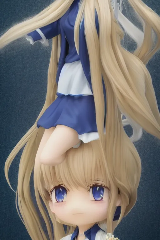 Prompt: full body 3d render of a blue eyes, blonde long hair, french braids, violet evergarden as a chibi figurine, blue-white dress, blender, trending on artstation, 8k, highly detailed, bokeh, depth of field