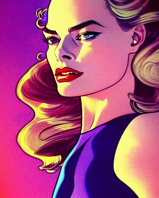 Image similar to low angle closeup beautiful very seductive margot robbie retro scifi goddess pinup, action glamour pose, windblown dark hair, hyper detailed, digital art, studio lighting, smooth, ambient lighting, sharp focus, frank miller, wlop, anna dittmann, moebius!, alphonse mucha, patrick nagle!!, rim lighting, synthwave