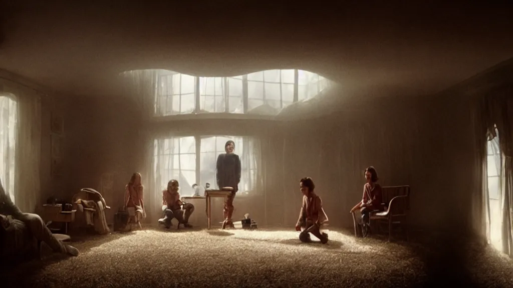 Image similar to the people inside the upside down house, film still from the movie directed by denis villeneuve and david cronenberg, with art direction by salvador dali, wide lens