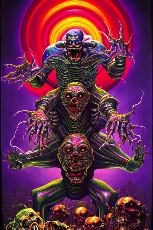 Image similar to a hyperrealistic painting of an epic boss fight against an ornate supreme telekinetic dark overlord, cinematic horror by chris cunningham, lisa frank, richard corben, highly detailed, vivid color,