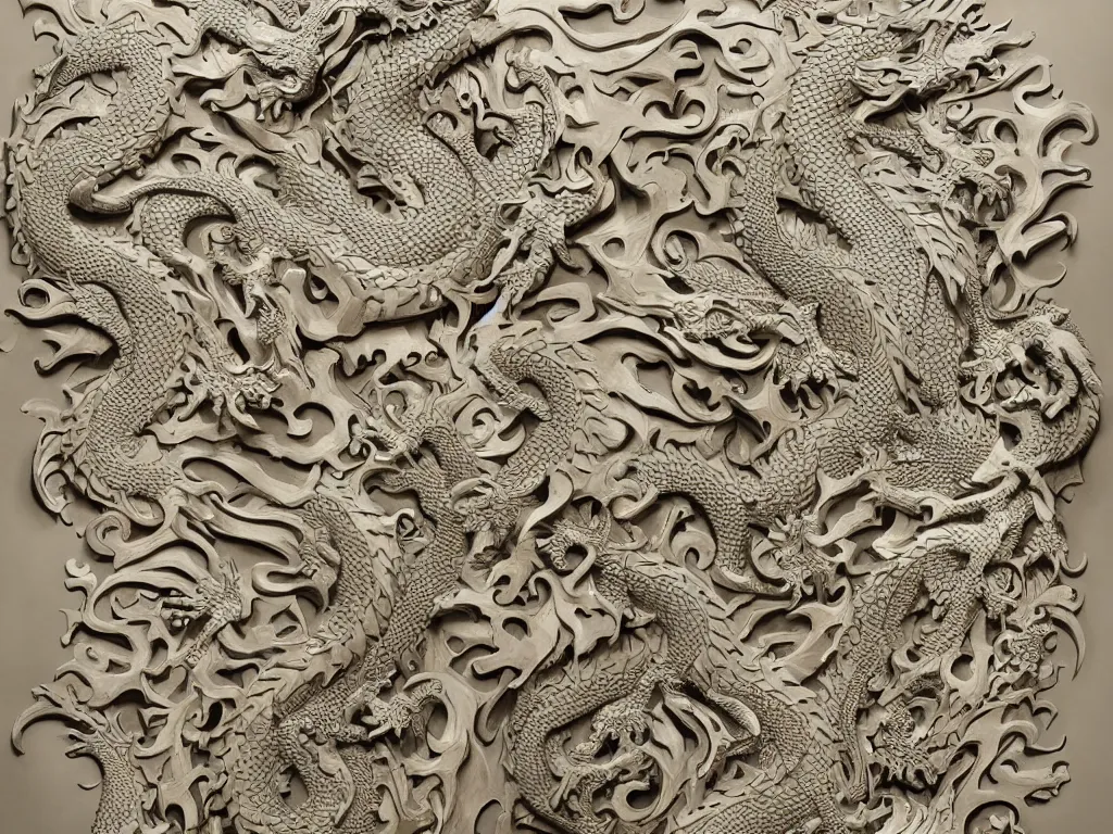 Prompt: dragon ivory wall carving,intricate fractal abstraction, artstation, John Kenn Mortensen, Mat Collishaw, complex, ultradetailed and intricate, high resolution