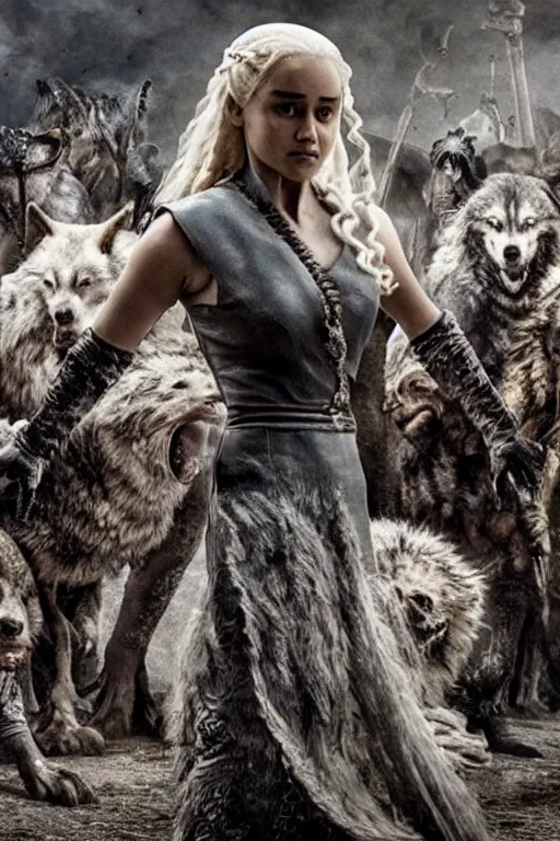 Image similar to khaleesi in an apocalyptic world surrounded by wolves