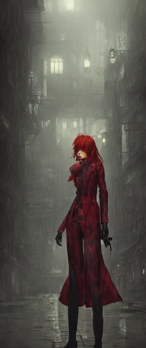 Prompt: Asuka Langley Soryu in a Dishonored town, in Dunwall, Dishonored aesthetic, cinematic lighting, rainy weather, melancholy atmosphere, artstation, Dunwall city, gothic architecture, volumetric light, octane render, Dishonored game, Dishonored 1, atmosphere or depression and despair