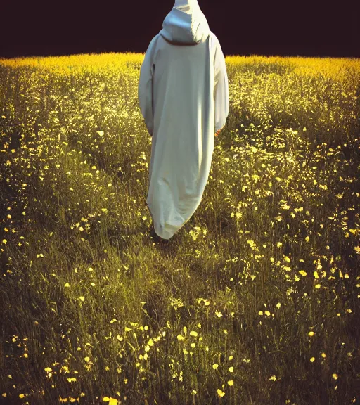 Image similar to tall hooded shadow person figure standing in beautiful meadow of flowers, film photo, grainy, high detail, high resolution