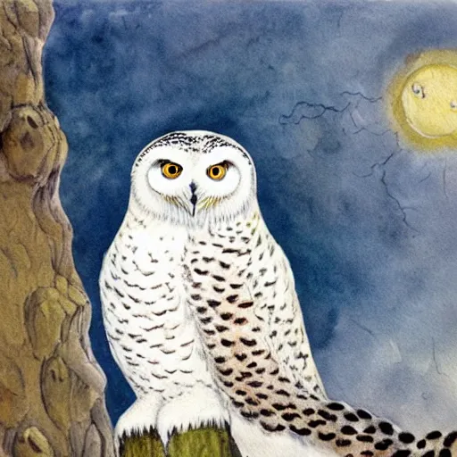 Image similar to snowy owl crossed with a snow leopard to make a gryphon, Louis William Wain watercolor,