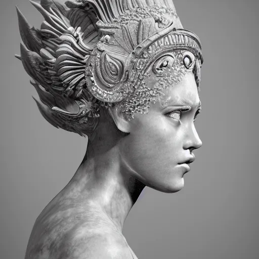 Image similar to a portrait of beautiful goddess, ornated, haunting, headpiece, highly detailed, intricate deaign, organic, hyperrealism, photorealistic, render in octane, unreal engine, 4 k