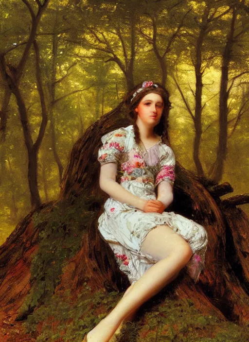 Image similar to closeup portrait of an attractive young lady wearing a floral dress, sitting on a treestump in the woods, by Jean-Leon Gerome