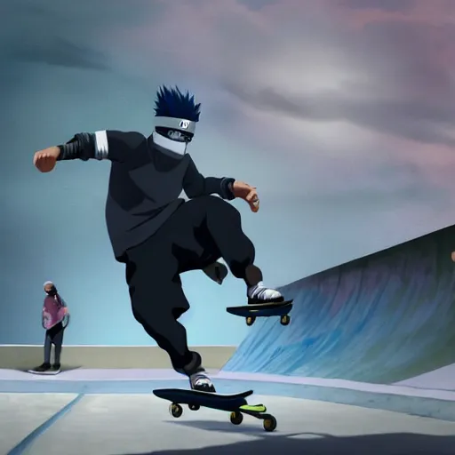 Prompt: kakashi at a skatepark, 8k, fully detailed, cinematic lighting, professional digital painting, kickflip,