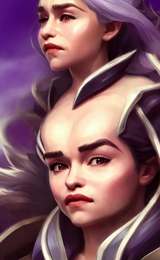 Image similar to Emilia Clarke as a character in the game League of Legends, with a background based on the game League of Legends, detailed face, old 3d graphics