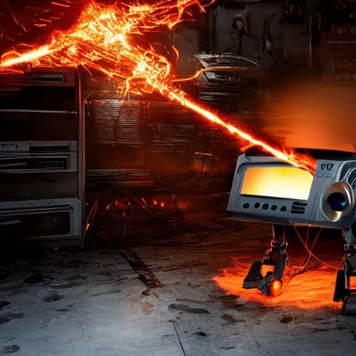 Image similar to toaster oven terminator robot, dark messy smoke - filled cluttered workshop, dark, dramatic lighting, orange tint, sparks, plasma charge, cinematic, highly detailed, sci - fi, futuristic, movie still