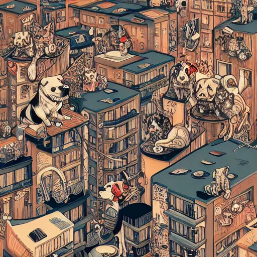 Image similar to crazy dog apartments, extremely detailed, sharp focus, wide view, full body shot, smooth, digital illustration, by james jean, by rossdraws, frank franzzeta, mcbess, sakimichan