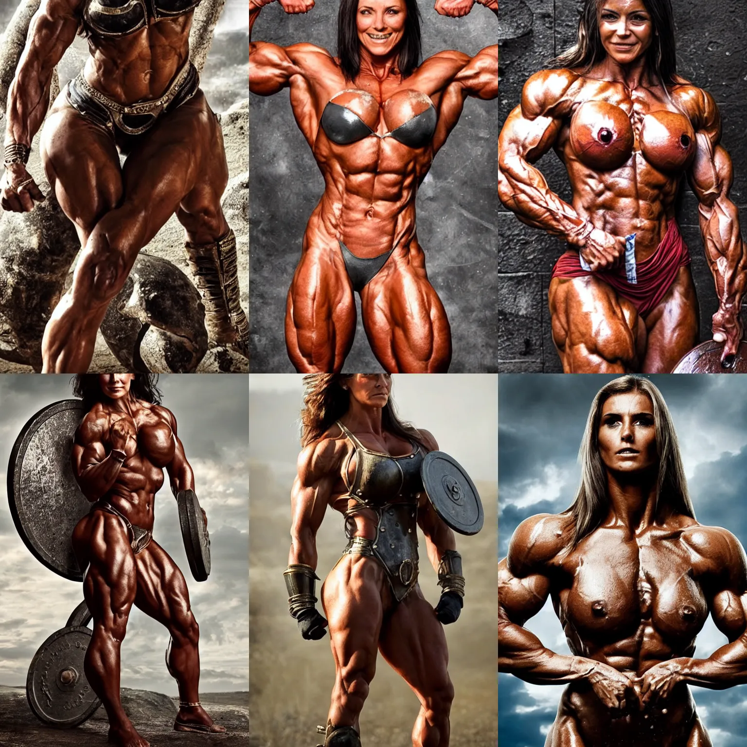Prompt: spartan woman, bodybuilder, herculean physique, very strong, bulging muscles, oily skin, strongest in the world, ultra buff. wearing armour.