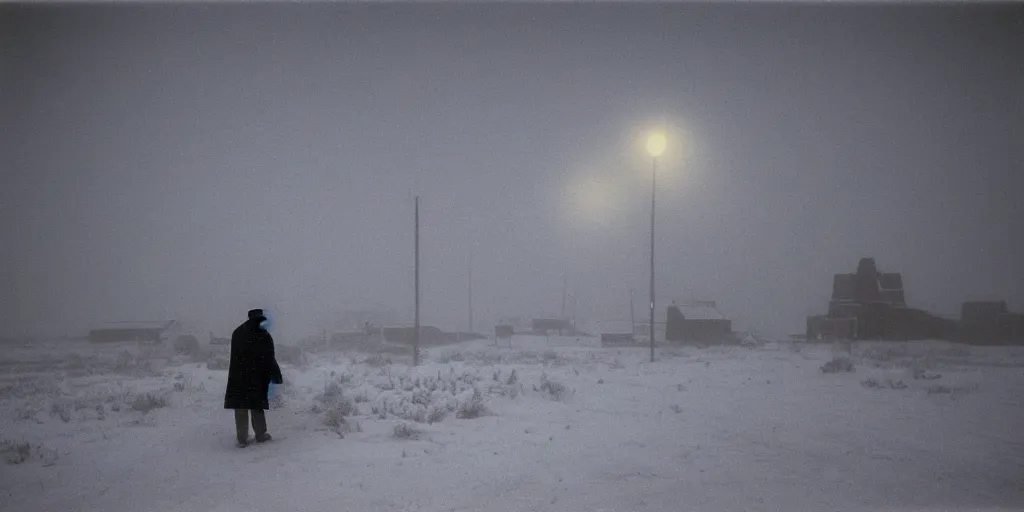 Image similar to photo of shiprock, new mexico during a snowstorm. a old man in a trench coat and a cane appears as a hazy silhouette in the distance, looking back over his shoulder. cold color temperature. blue hour morning light, snow storm. hazy atmosphere. humidity haze. kodak ektachrome, greenish expired film, award winning, low contrast.