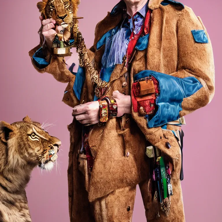 Image similar to high fashion photoshoot octane render portrait by wayne barlow and carlo crivelli and glenn fabry, a distinguished actor wearing a colorful wes anderson designed uniform and holding a lion inside a high - end exotic colorful pastel vintage boutique hotel lounge, very short depth of field, bokeh