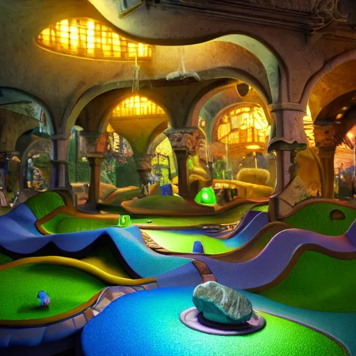 Prompt: magical mini putt course, hyper realistic, ambient lighting, concept art, intricate, hyper detailed, smooth, dynamic volumetric lighting, octane, raytrace, cinematic, high quality, high resolution, 4 k, cgsociety, rutkowski, gurney