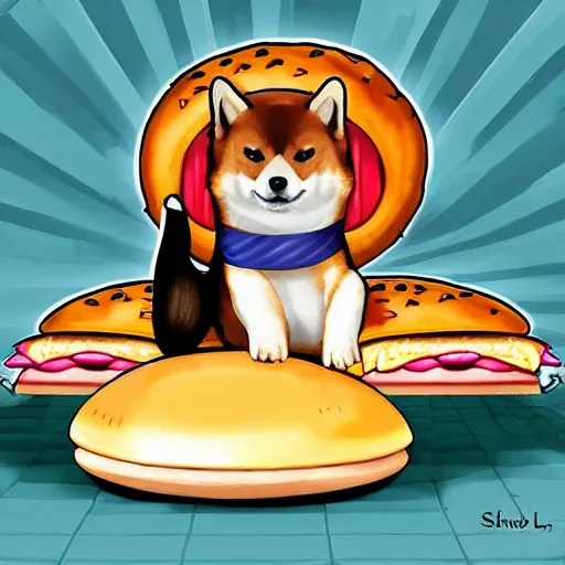 Image similar to a fortune-telling shiba inu reading your fate in a giant hamburger, digital art