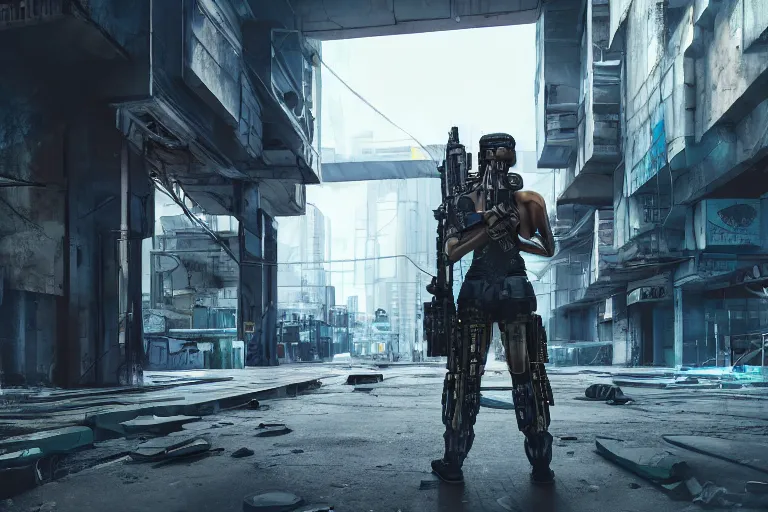 Prompt: 3d render of a detailed cyberpunk soldier with full-head helmet carrying a sci-fi futuristic energy rifle in his arms, standing in front of a dilapidated advanced cyberpunk city, 4k, Unreal Engine, octane render