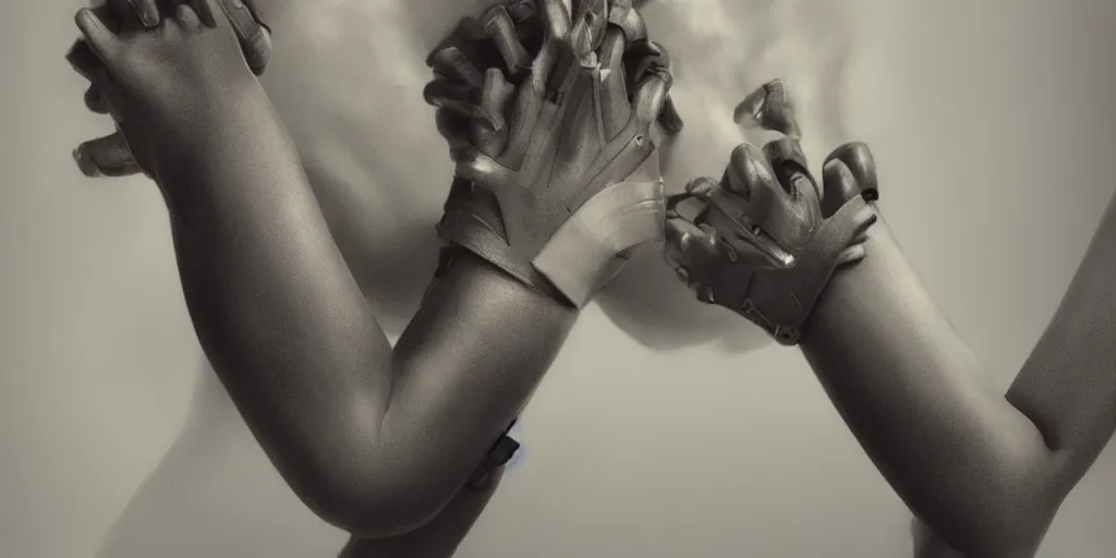 Image similar to hyperrealistic photography of a stunningly beautiful cyborg female, mechanical elbow, plated arm, intimate, holding hands, in the style of beth cavener, jin kagetsu,, and wlop, highly detailed, intricate, face symmetry, masterpiece, award - winning, sharp focus, concept art, high key, ambient lighting, 8 k, artstation