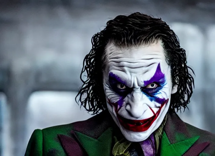 Image similar to film still of ezra miller as the joker in the new batman movie, 4 k