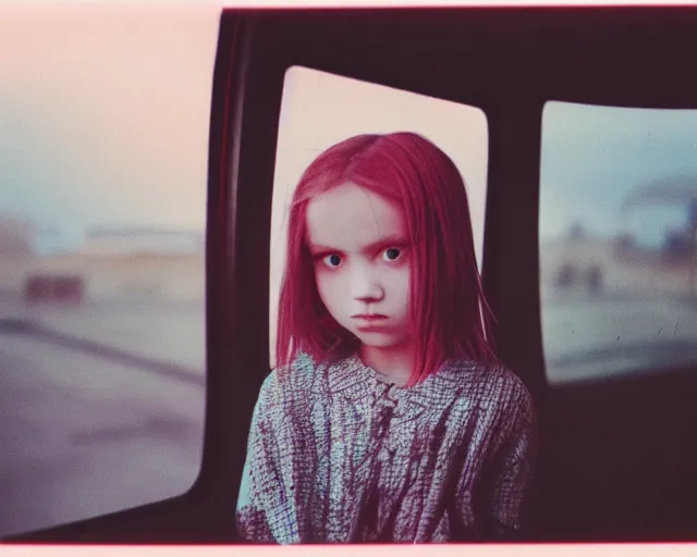 Image similar to lomo photo of shy goth girl sitting in empty bus, sunset, cinestill, bokeh