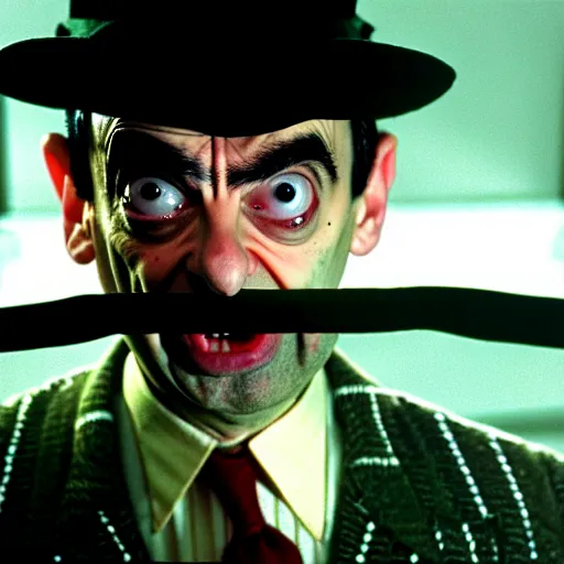 Image similar to mr. bean as freddie krueger. movie still. cinematic lighting.