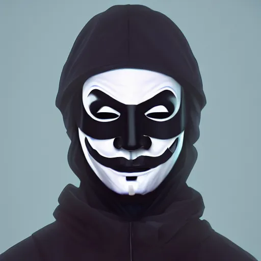 Image similar to portrait of a masked anonymous hacker, he wears a guy fawkes mask and a black hoodie, mattepainting concept blizzard pixar maya engine on stylized background splash comics global illumination lighting artstation lois van baarle, ilya kuvshinov, rossdraws