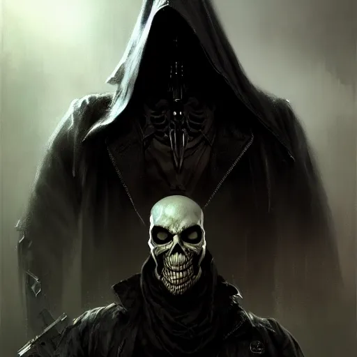 Prompt: skull face reaper, character portrait, sharp, digital matte painting, art by luis royo, greg rutkowski, wlop, dramatic lighting, trending on artstation