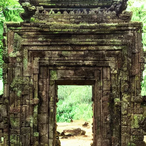 Image similar to candi bentar, javanese split gateway. separate halves. fantasy concept art. overgrown, mossy, cracked and worn