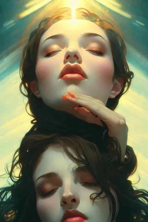 Prompt: the kiss, light from above, fantasy, portrait, sharp focus, intricate, elegant, digital painting, artstation, matte, highly detailed, concept art, illustration, ambient lighting, art by ilya kuvshinov, artgerm, alphonse mucha, and greg rutkowski