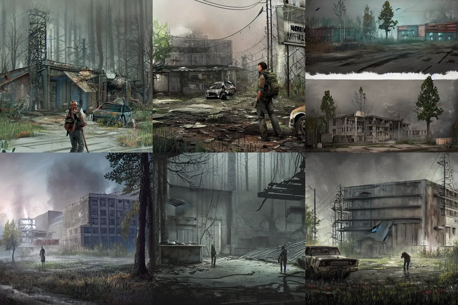 Prompt: liquidators in chernobyl, concept art in the style of the last of us Part II, highly detailed, ultra detailed, ultra realistic, trending on artstation