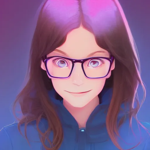 Prompt: portrait of a smiling young teenage girl, light brown long wavy hair, clear blue eyes, pink glasses, in the style of makoto shinkai and artgerm and loish, dynamic lighting trending on artstation