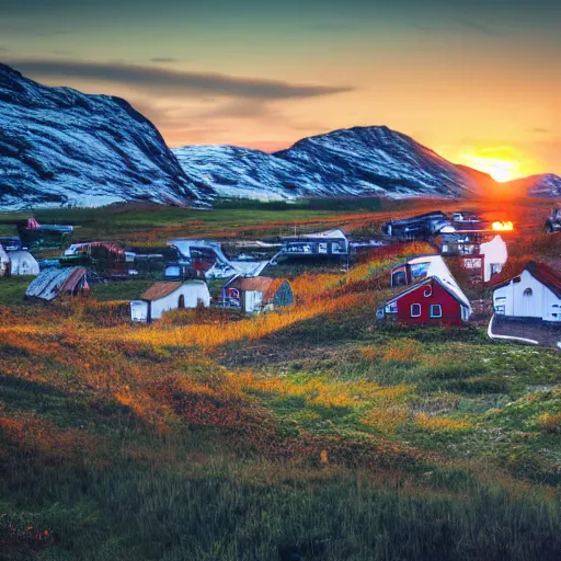 Image similar to overgrown norwegian village at the coast, sunset, arctic, beautiful, kids drawing