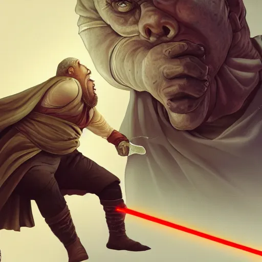 Image similar to highly detailed portrait of morbidly obese jedi fighting a sith, illustration, trending on artstation