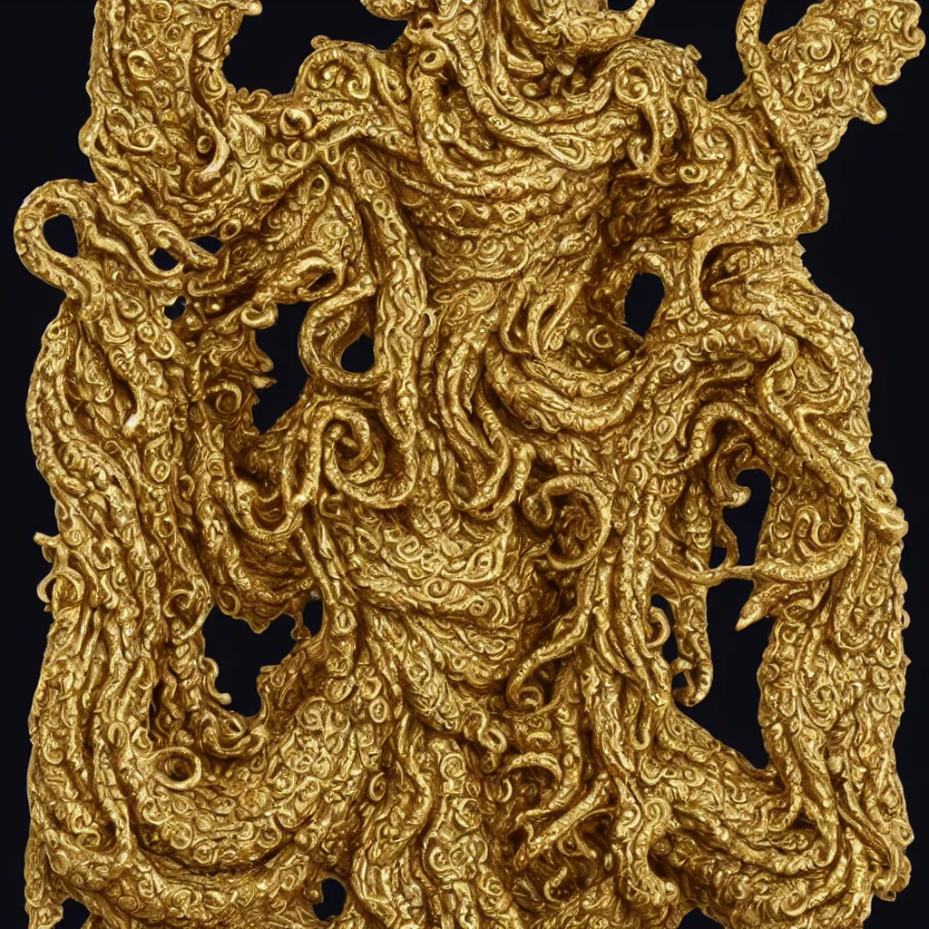 Image similar to statue of cthulhu, ornate, intricate, gold filigree, highlt detailed