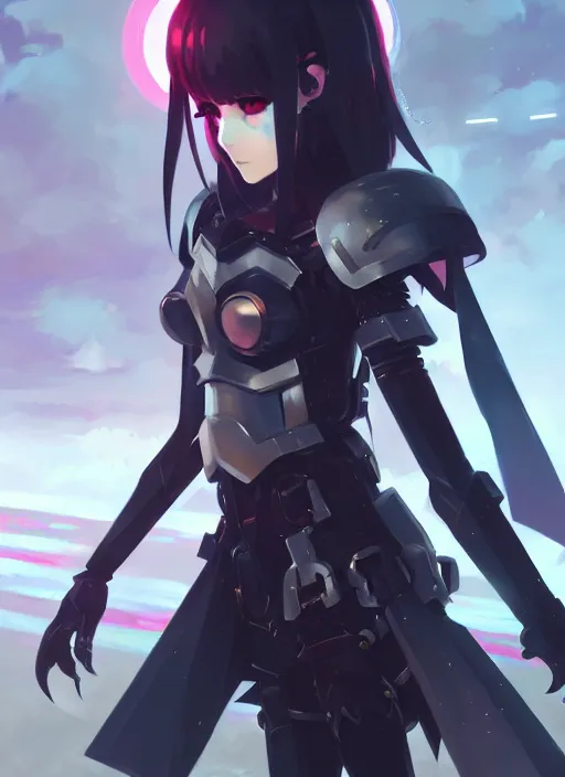 Image similar to portrait of cute goth girl in cyber armor, warhammer, illustration concept art anime key visual trending pixiv fanbox by wlop and greg rutkowski and makoto shinkai and studio ghibli