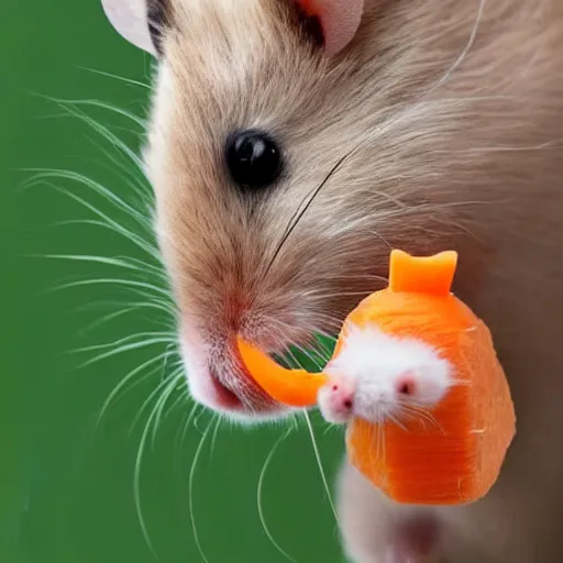 Image similar to a hamster with a horse head eating a carrot