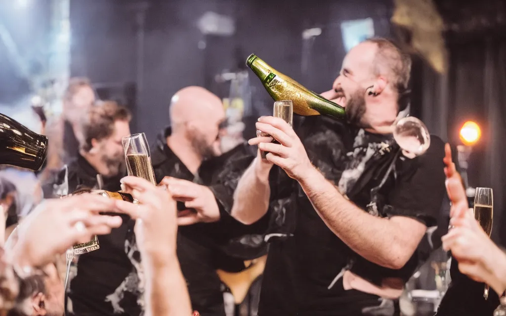 Image similar to photography of the musician marc rebillet drinking champagne at his concert, public is annoyed and throws cans on the stage, a big bald guy is laughing and points at marc rebillet 4 k,