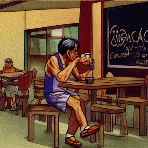 Prompt: concept art of an old singaporean man wearing a singlet drinking coffee in a hawker centre, by moebius