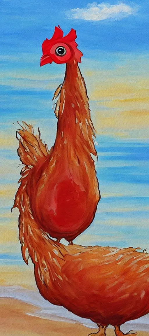 Image similar to beautiful painting of a giant chicken with lips that is eating KFC on the beach