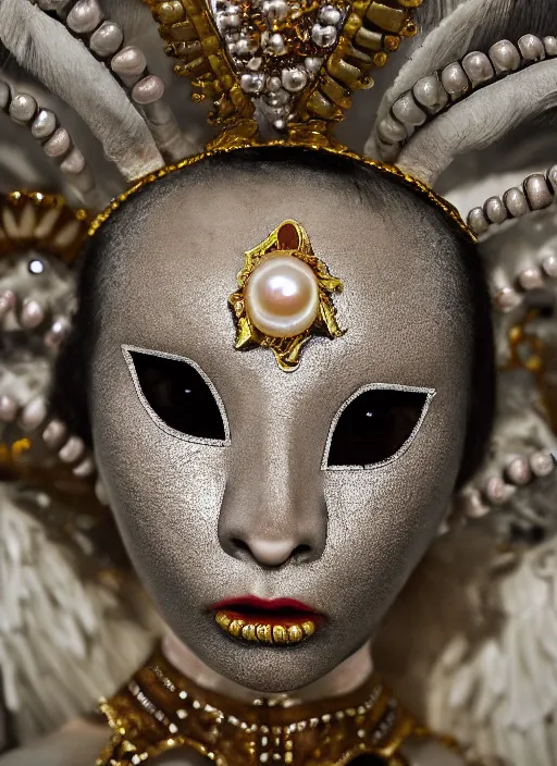 Image similar to hyperrealism, detailed textures, award winning autochrome photo, symetrical japanese pearl, beautiful dreaming voodoo pearl queen, autochrome pearl portrait, pearl silverplate, intricate, detailed facial pearl scary animal mask, pearl, golden jewelery, silverplate, ultra realistic, cinematic, intricate, cinematic light by steve mccurry, unreal engine 8 k