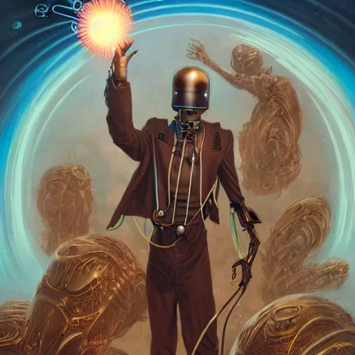 Prompt: an amish cyborg with one robotic eye, electrical charges sparkling within his hair, highly detailed by peter mohrbacher, hajime sorayama, wayne barlowe, boris vallejo, aaron horkey, gaston bussiere, craig mullins