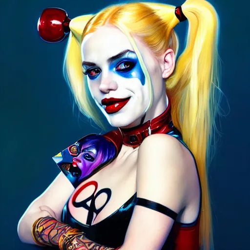 Image similar to Harley Quinn, Portrait of a girl with blonde hair and two pigtails wearing a shiny latex top, face, fantasy, intricate, elegant, highly detailed, digital painting, artstation, concept art, smooth, sharp focus, illustration, art by Fernanda Suarez and Artem Demura and alphonse mucha