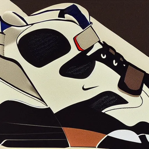Image similar to retro futuristic Nike air trainer sneakers with straps by syd mead