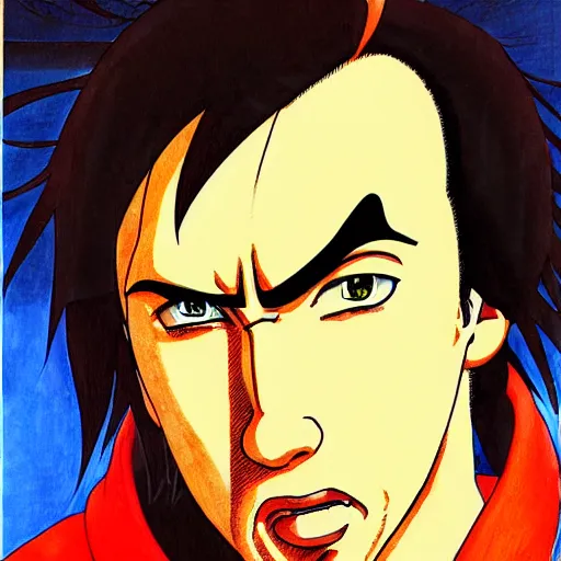 Image similar to anime portrait painting of nicholas cage by hayao miyazaki, katsuhiro otomo, akira toriyama, satoshi kon, eiichiro oda, hideaki anno