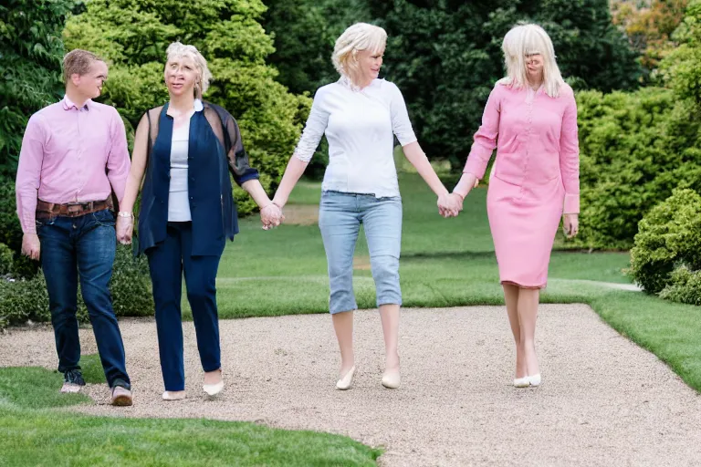 Image similar to 3 5 year old blonde female president, walking in the white house rose garden, holding hands with her two younger boyfriends, professional photo, dslr, bokeh