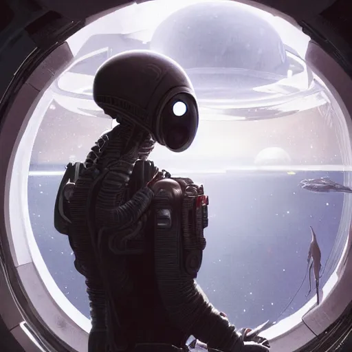 Image similar to An alien looking out of a window in space on a spaceship, illustrated by Greg Rutkowski, sci-fi art, photorealistic details, intricate details, 4k, 8k.
